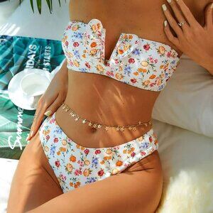 ZAFUL Women's Strapless Ribbed V Wired Lace Up Ruffle Tie High Cut